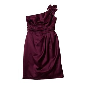 David's Bridal One Shoulder Bridesmaid Cocktail Dress Burgundy Satin Bow Size 6